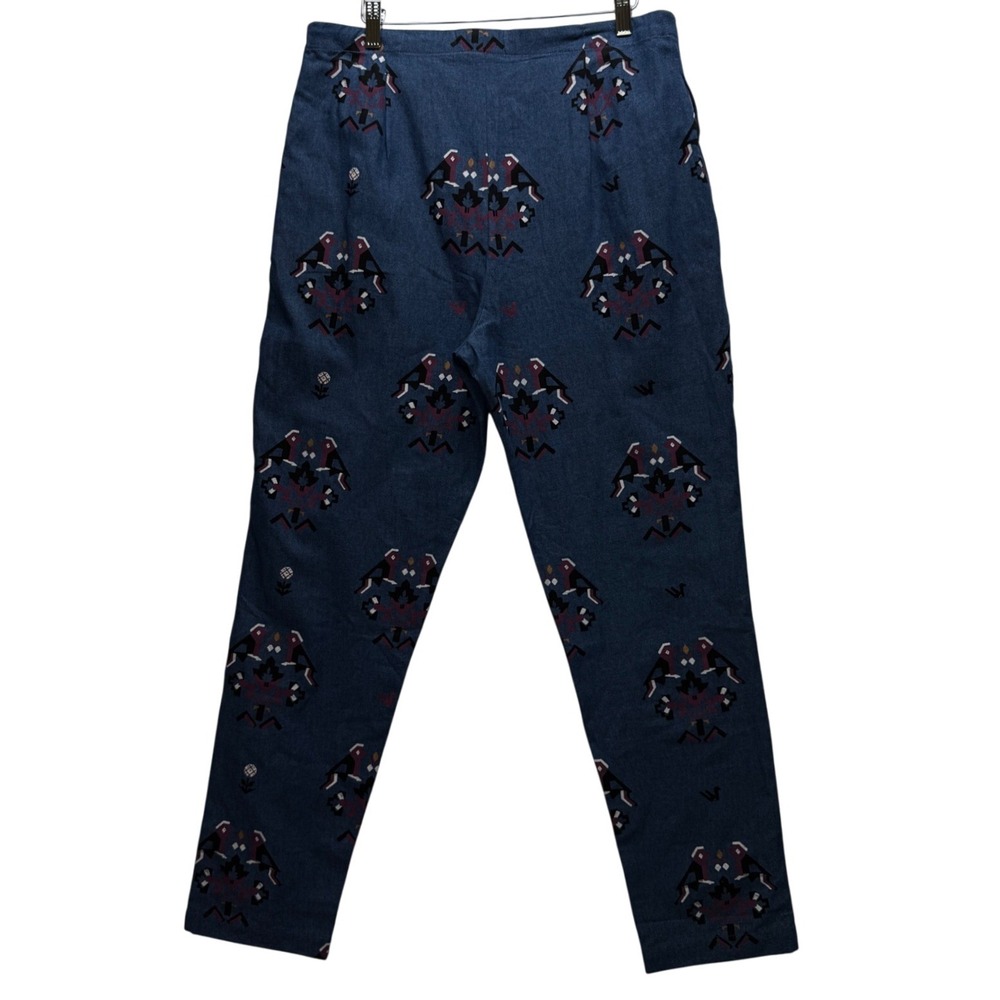 Anthropologie SVA Sonam Paras Modi Boho Bird Floral Blue Denim Pants Size 10 - Picture 14 of 16